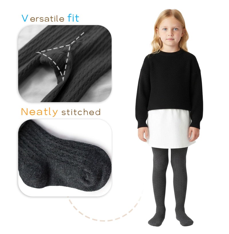 CHUNG Toddlers Little Girls Autumn Winter Cotton Footed Tights Stretchy Soft School Leggings Stockings,5-6Y,2pk Charcoal+White - Image 4